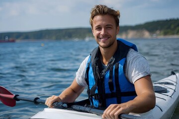 Handsome young man in nautical vest smiling while sailing