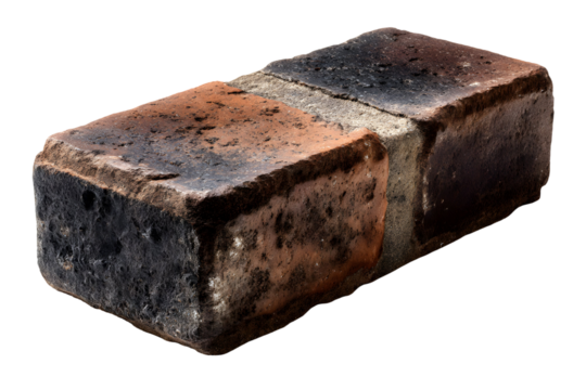 Close-up of a dark red brick with rough texture against a black background