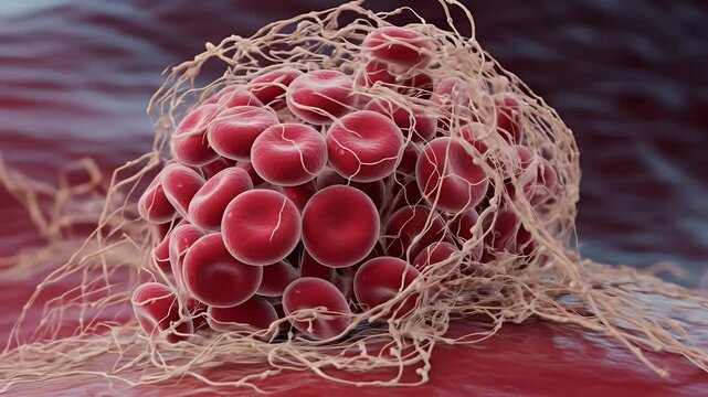 Blood clot with red blood cells and fibrin mesh