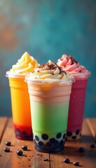 Colorful bubble tea cups with ice and toppings , fruit tea, close-up