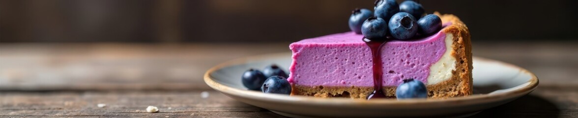 Creamy blueberry cheesecake slice on rustic wooden table, food, dessert