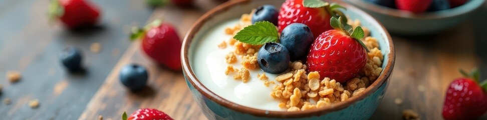 Creamy yogurt, crunchy granola, & juicy berries in bowls , vibrant, colorful, delicious
