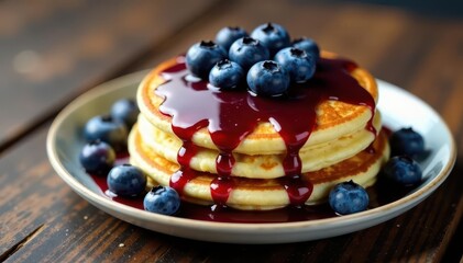 Fluffy pancakes drenched in blueberry syrup, topped with fresh blueberries on rustic wood , berry, meal, foodie