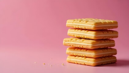 Four rectangular wafer biscuits stacked neatly , image, golden, pile