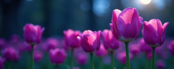 Moonlit purple tulips, dew-kissed petals, serene garden , flowers, night scene