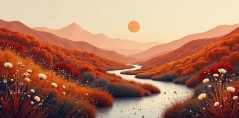 Muted earth tones abstract landscape; textured circles, stylized reeds, organic forms, ochre, abstract