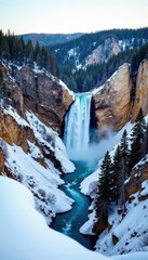 Snow dusted canyon walls frame Yellowstone's Lower Falls, early winter's icy grip , nature, canyon