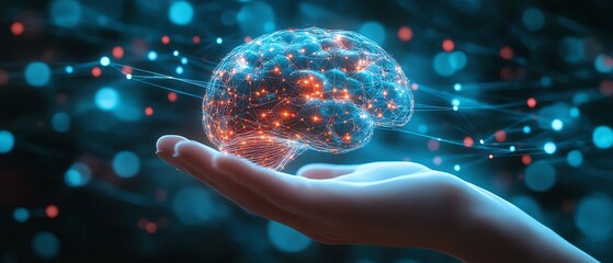 Hand holds 3d model of brain with glowing digital network connections Futuristic concept of intelligence brain AI technology Study on neuroscience