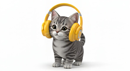 Cute, illustrated gray tabby cat wearing large yellow headphones. The cat appears to be standing and looking forward with its big eyes. The background is white.