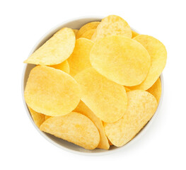 Tasty potato chips in bowl isolated on white, top view