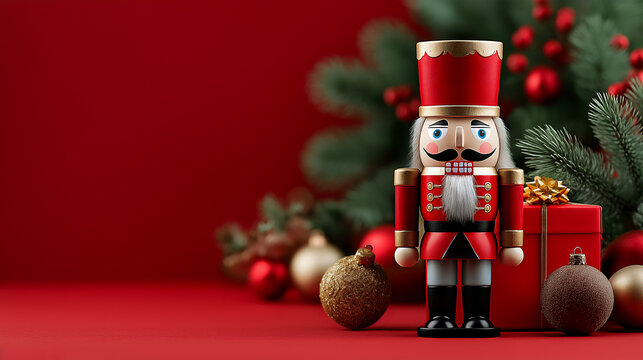 Red wood Nutcracker toy with Christmas ornaments and pine decorations, against red background with copy space - Powered by Adobe