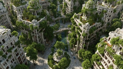 Overgrown urban ruins with vibrant greenery in a post-apocalyptic landscape