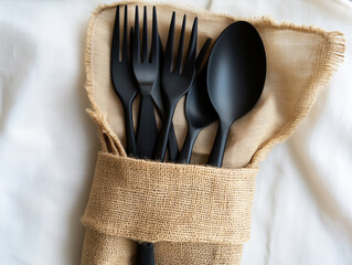 Elegant Black Cutlery Set Wrapped in Burlap Against White Cloth