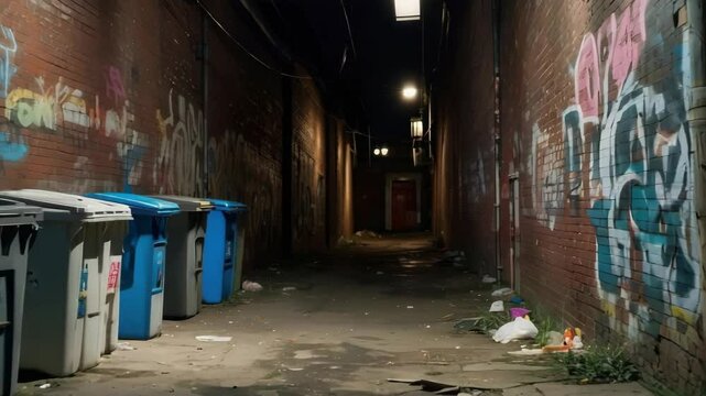 Dark urban back alley at night with graffiti walls and garbage cans, brick walls, alleyway, and lighting fixtures.