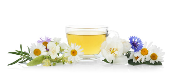 Aromatic herbal tea in glass cup, flowers and rosemary isolated on white