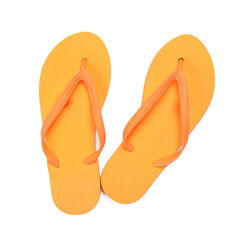 Stylish orange flip flops isolated on white, top view. Beach accessory