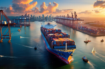 Container Cargo Ship at Port During Sunset with Colorful Containers Generative AI