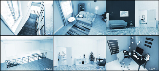 CCTV system. Surveillance camera views from different rooms, collage