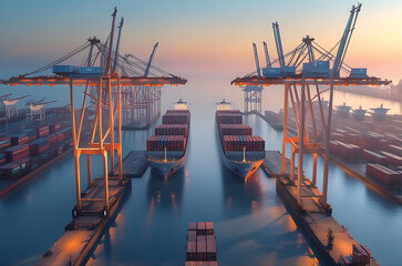 Container Port at Sunrise with Cargo Ships and Cranes Generative AI