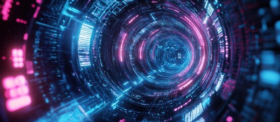 Fototapeta premium A futuristic tunnel displays a glowing digital and colorful interior