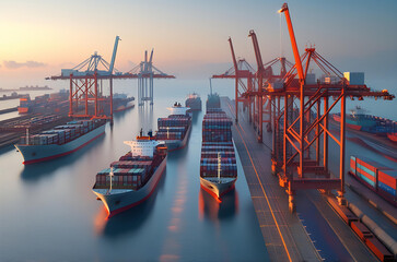 Container Port at Sunrise with Cargo Ships and Cranes Generative AI