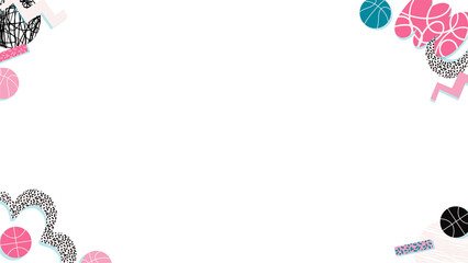 Decorative border is framing transparent canvas in flat style, with pink teal circles, copy space