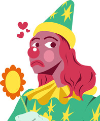 Cartoon clown in green star hat with floating hearts is holding sunflower, transparent background