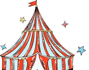 Showing handdrawn red striped circus tent on transparent backdrop fluttering pennant stars sparkles