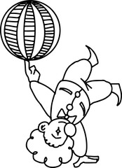 Line art clown performing one-handed handstand balancing striped ball on transparent background