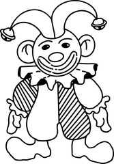 Line art jester is wearing puffy striped suit, bells hat, ruffled collar on transparent background
