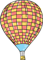 Naklejka premium Flat hot-air balloon featuring red-yellow panels, blue skirt, ropes, basket on transparent backdrop