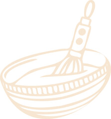 Stylized mixing bowl with whisk is floating in flat line art style, transparent background