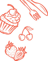 Coral line design showing cupcake with cherry and fruit clusters with utensils on clear background