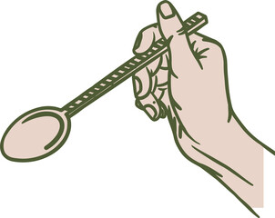 Hand is holding twisted-handle bar spoon in flat line-art illustration, transparent background