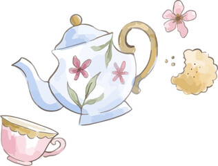 Watercolor teapot with teacup are floating with pink blossom, tea splash on transparent background