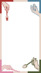Flat design stylized hands are holding utensils, framing empty area against transparent background