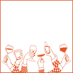 Flat design arms are raising wine glasses, tumbler, coupe  and  beer bottle on transparent backgroun