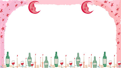 Hand-drawn frame is featuring celestial motifs, bottles, glasses, candles on transparent background