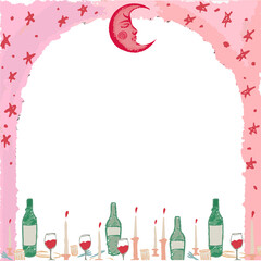 Naklejka premium Stylized pink arch is showing red moon, stars, drinkware, candles, clear background, copy space