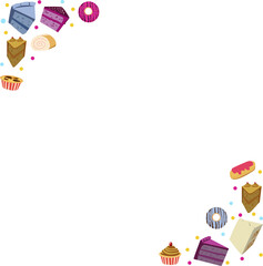Fototapeta premium Featuring pastel treats border on transparent background cakes donuts cupcakes tart and confetti d