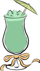 Showing crushed ice mint drink in flat design glass with umbrella, ribbon on transparent background