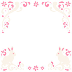 Fototapeta premium Flat design floral swirl frame is featuring cream rabbits, pink flowers, transparent bg, copy space