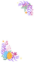 Vector corner design is showing botanical accents and patterned eggs on transparent background
