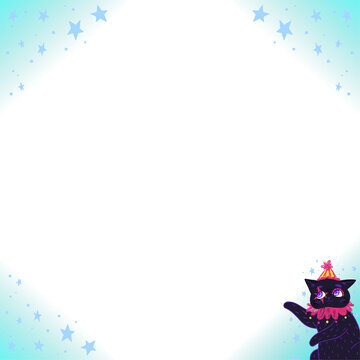 Fototapeta Stylized cartoon cat is peeking from starry flat design frame on transparent background, copy space