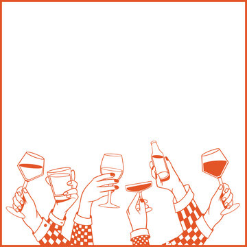 Naklejki Flat design arms are raising wine glasses, tumbler, coupe  and  beer bottle on transparent backgroun