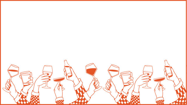 Hands are holding wine cocktail glasses, tumblers, beer bottles in vector on transparent background