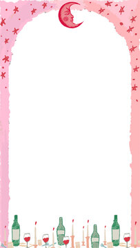 Fototapeta Hand-drawn arch frame is hovering on transparent backdrop with moon, wine glasses, copy space