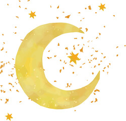Watercolor-style crescent moon is floating on transparent background with gold stars and confetti