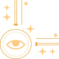 Naklejka premium Stylized eye is floating around rings in flat design, showing stars, bars on transparent background