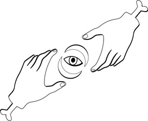 Showing monochrome flat line art with eye, crescents and skeletal hands on transparent canvas